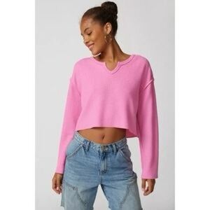NWT Urban Outfitters Parker Notch Neck Long Sleeve Top L Cropped Oversized Pink